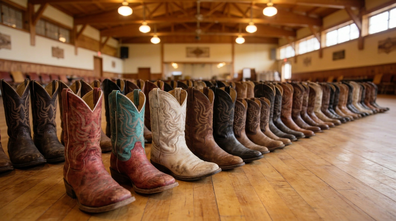 Viele Stiefel in reihe stehen für Line Dance